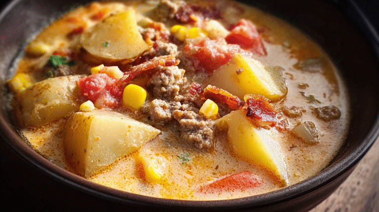 Creamy cowboy soup with ground beef,