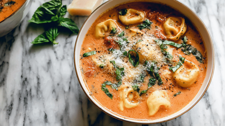Creamy tortellini soup in a tomato and basil broth