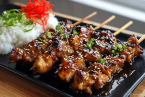 Deliciously grilled Chicken Yakitori skewers with a savory glaze.