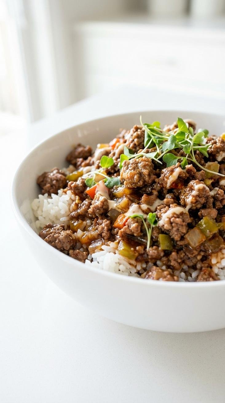 ground beef and rice recipes easy — hero featured shot — finished dish top-down on white plate